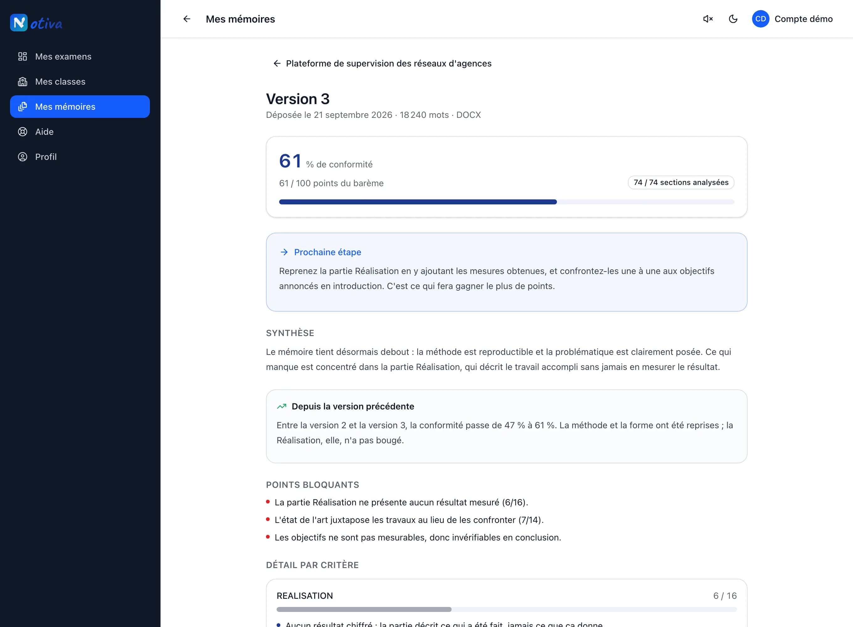 Rapport d'analyse d'une version de mémoire dans Notiva : 61 % de conformité, prochaine étape, synthèse et détail par critère.